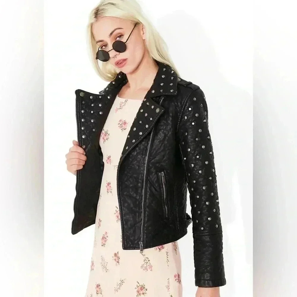 Glamorous Studded Faux Leather Moto Jacket XS Black Biker Punk Rocker Y2K - Picture 2 of 12